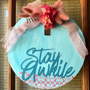 Decorative wooden door hanger with Pink and Blue Accents